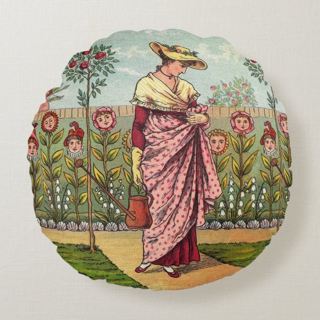 Garden Grow Flower Woman Art Antique Round Pillow (Front)