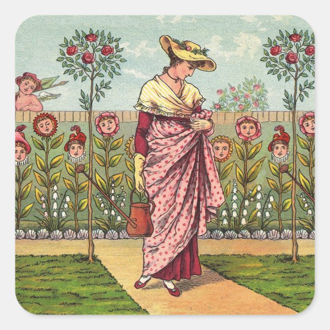 Garden Grow Flower Woman Art Antique Square Sticker (Front)