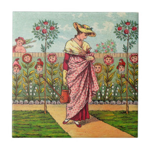 Garden Grow Flower Woman Art Antique Tile