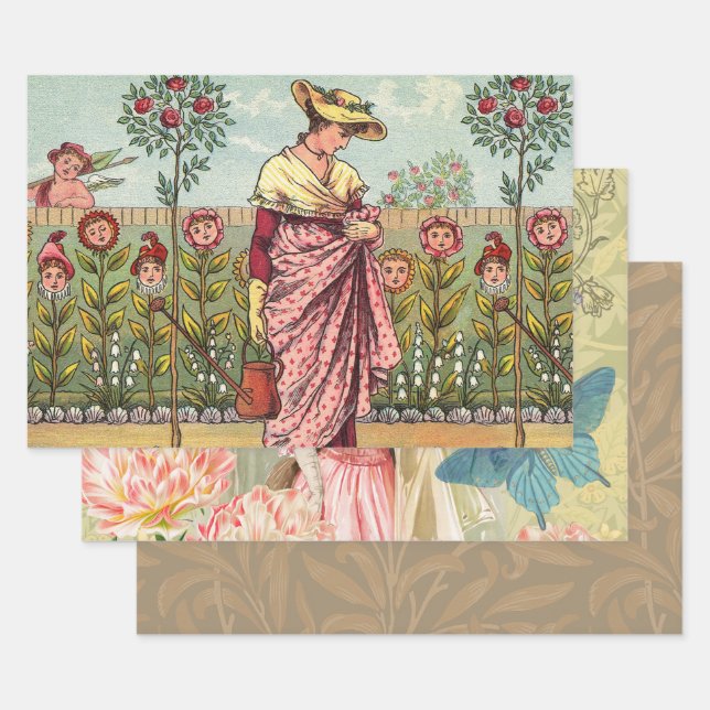 Garden Grow Flower Woman Art Antique Wrapping Paper Sheet (Set)
