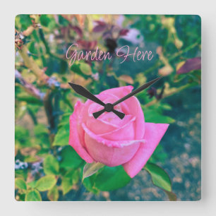 Garden Here Pink Rose Sign Square Wall Clock