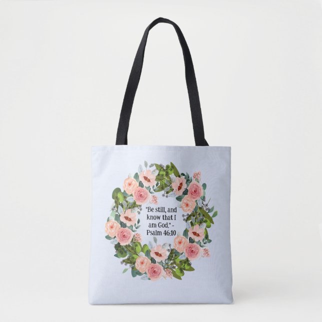 Garden-Inspired Pink Floral Wreath Serene Quote Tote Bag (Front)