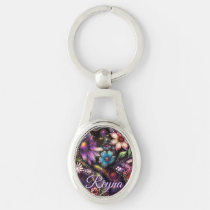 Garden Kitty Cat Floral Abstract Personalized Keychain