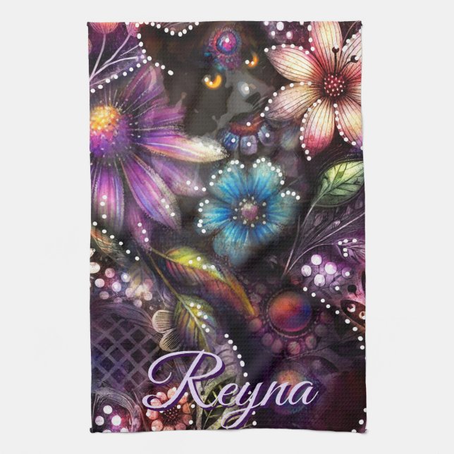 Garden Kitty Cat Floral Abstract Personalized Kitchen Towel (Vertical)