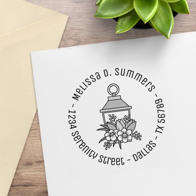 Garden Lantern Flowers Round Address 2 Rubber Stamp (Creator Uploaded)