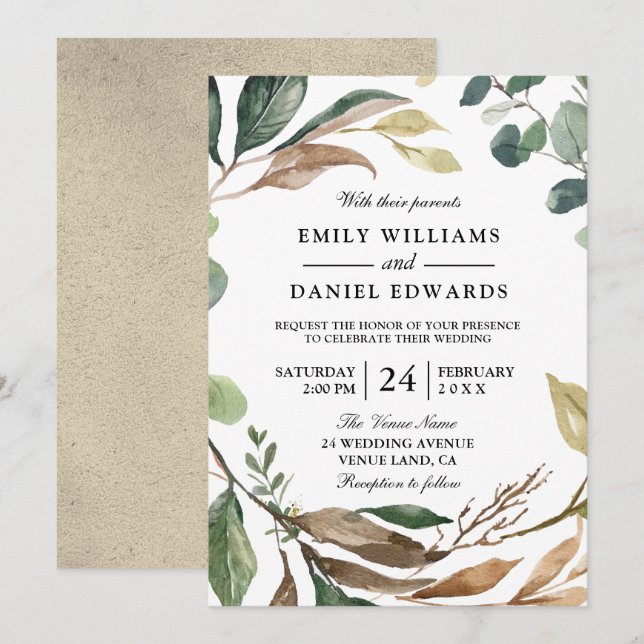Garden Leaf Wreath Elegant Fall or Spring Wedding Invitation (Front/Back)