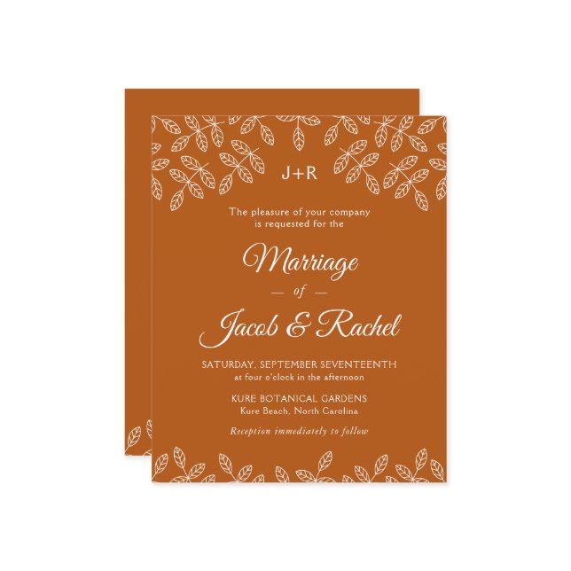 Garden Leaves Burnt Orange Fall Wedding Invitation (Front/Back In Situ)