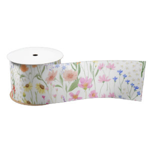 Garden light Background Wildflowers Floral Pattern Satin Ribbon