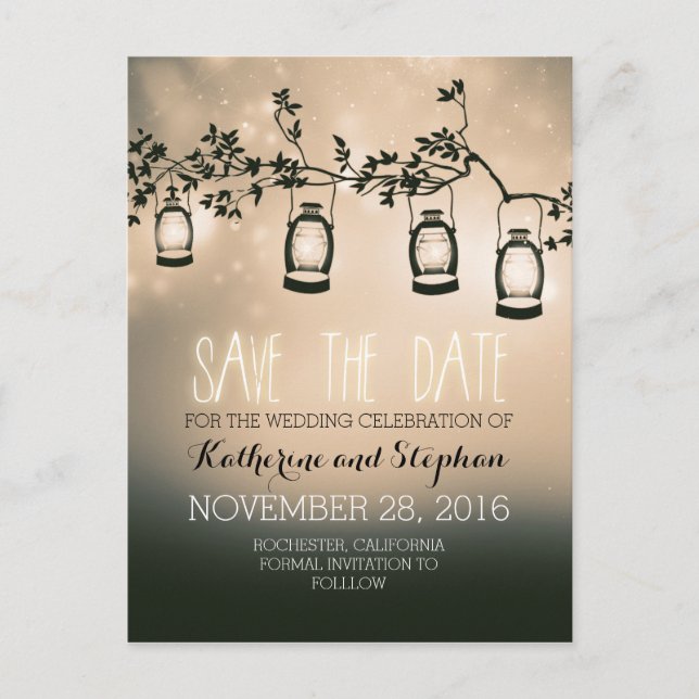 garden lights - lanterns rustic save the date announcement postcard (Front)
