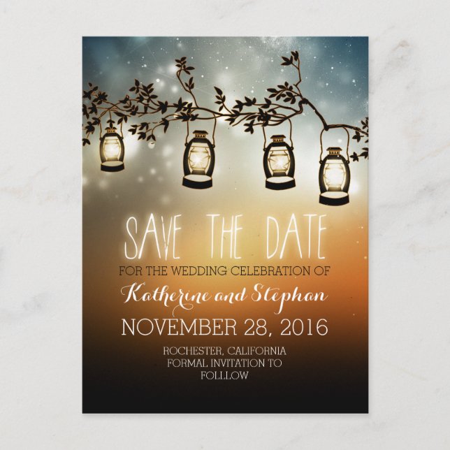 garden lights - lanterns rustic save the date announcement postcard (Front)