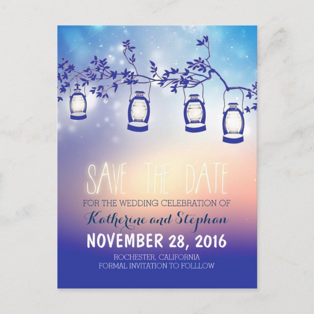 garden lights - lanterns rustic save the date announcement postcard (Front)