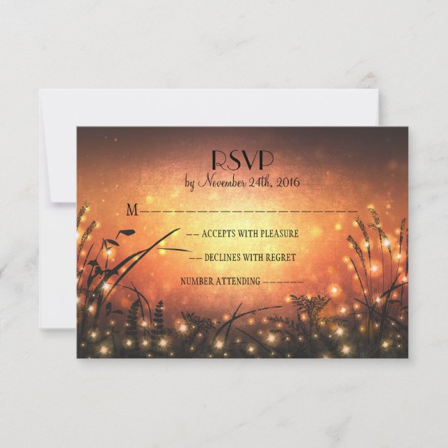 garden lights sunset wedding RSVP cards (Front)