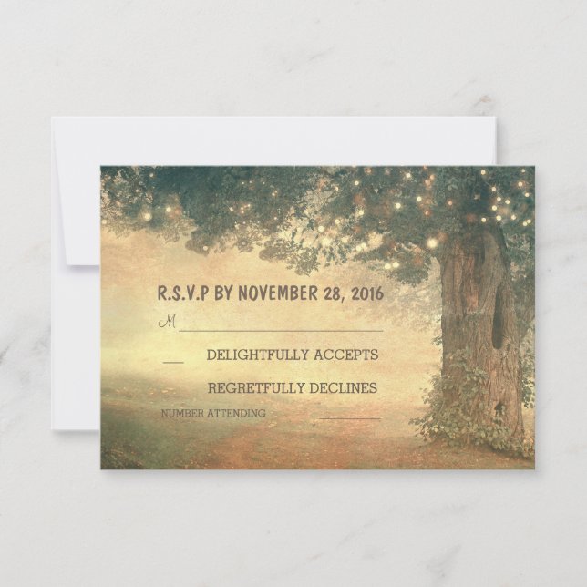 Garden lights tree rustic old wedding RSVP cards (Front)