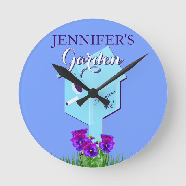 Garden "Love grows here!" Birdhouse For Wall Round Clock (Front)
