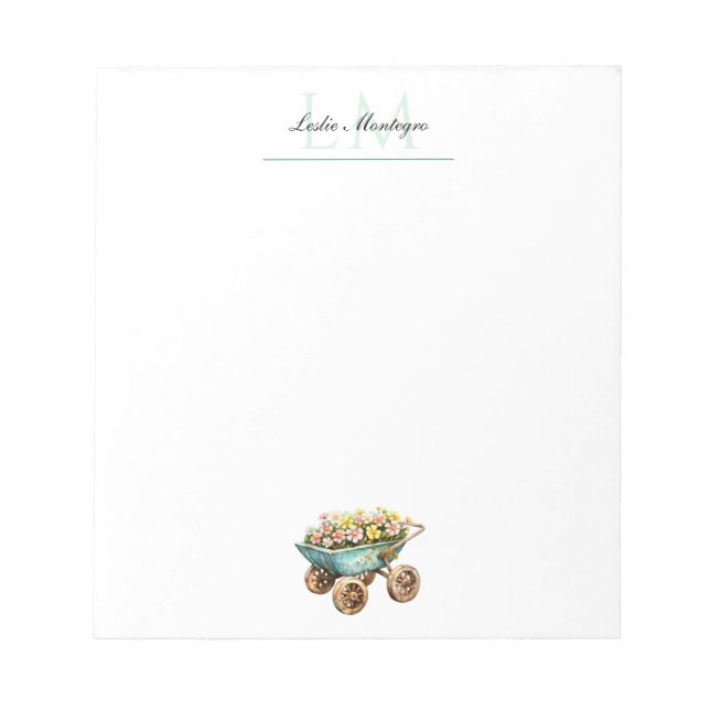 Garden Lover's Wheelbarrow Floral Monogram Notepad (Front)