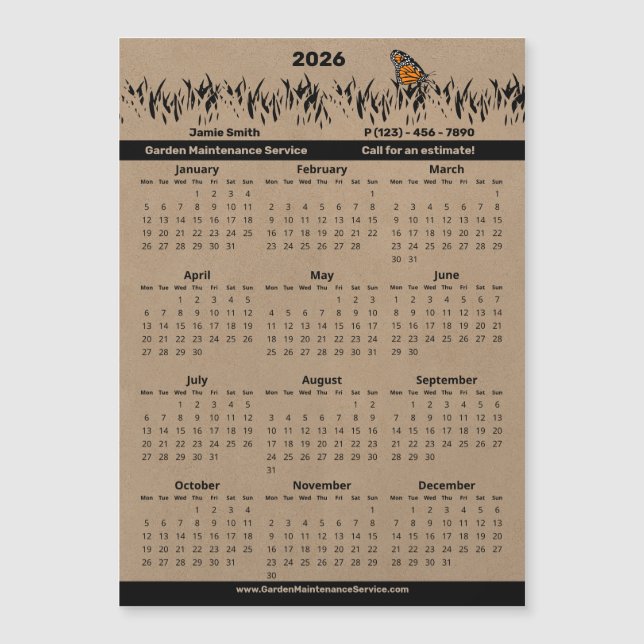 Garden Maintenance Service Magnetic 2026 Calendar (Front)