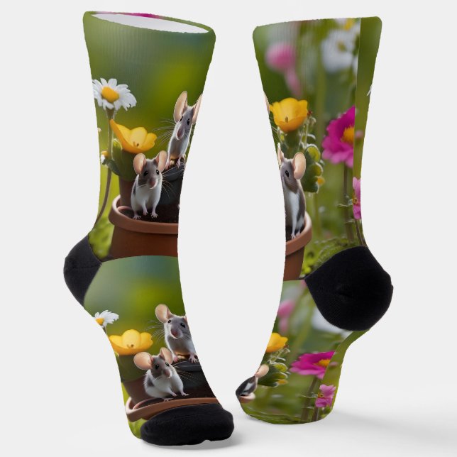 "Garden Mischief: Three Mice in Flower Pots" Socks (Angled)