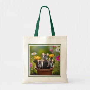 "Garden Mischief: Three Mice in Flower Pots" Tote Bag