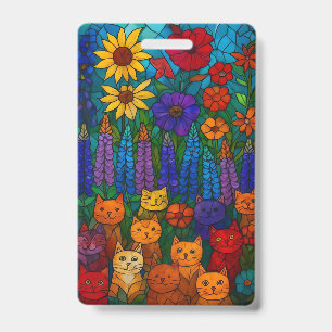 Garden of Cats Stained-Glass Cat Art with Flowers Badge
