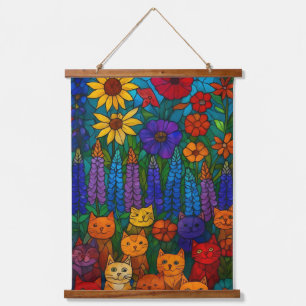 Garden of Cats Stained-Glass Cat Art with Flowers Hanging Tapestry