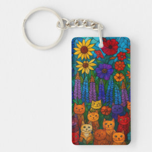 Garden of Cats Stained-Glass Cat Art with Flowers Keychain
