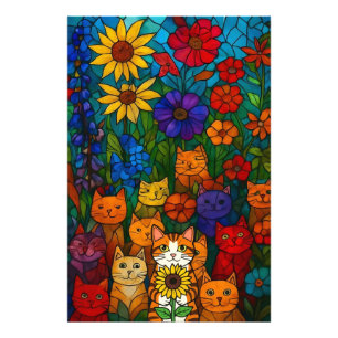 Garden of Cats Stained-Glass Floral Art Photo Print
