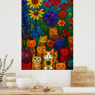 Garden of Cats Stained-Glass Floral Art  Poster