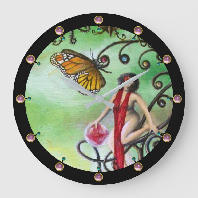 GARDEN OF MELISSA Magic Butterfly and Lady in Red Large Clock (Front)