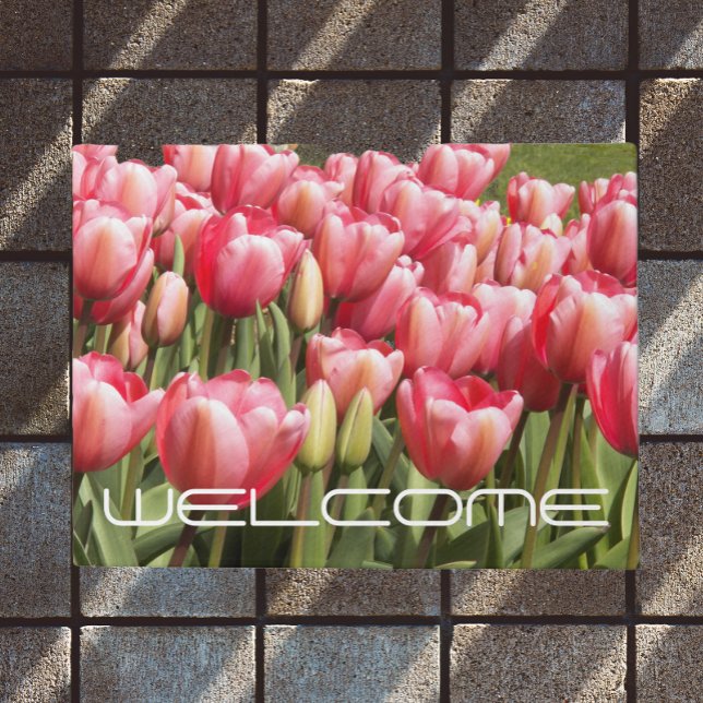 Garden of Pink Tulips Floral Welcome Doormat (In Situ)