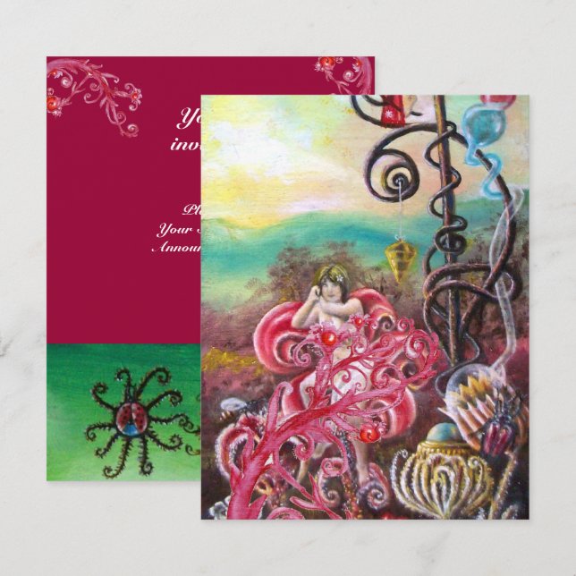 GARDEN OF THE MELISSA, bright red ,pink green Invitation (Front/Back)