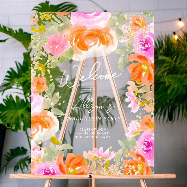 Garden orange wildflowers welcome graduation acrylic sign (Garden orange wildflowers welcome graduation acrylic sign)