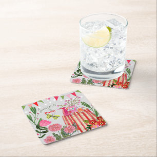 Garden Party Birthday Square Paper Coaster