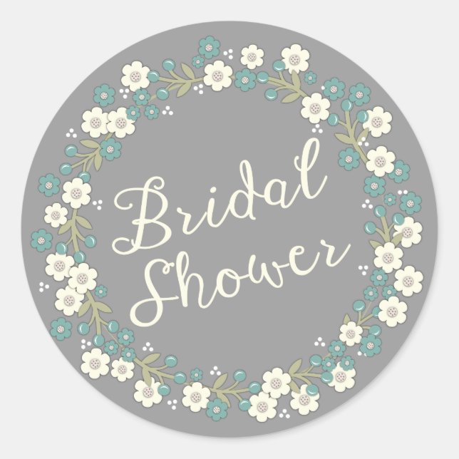 Garden Party Floral Wreath Bridal Shower Blue Classic Round Sticker (Front)