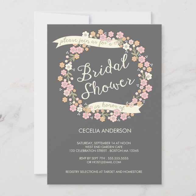 Garden Party Floral Wreath Bridal Shower Blush Invitation (Front)