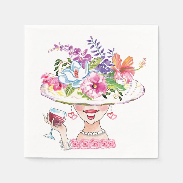 Garden Party Flower Hat Lady _Red Wine  Napkin (Front)