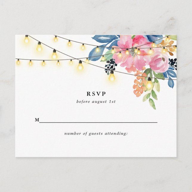 Garden Party, Flowers and Twinkle Lights Reply Postcard (Front)