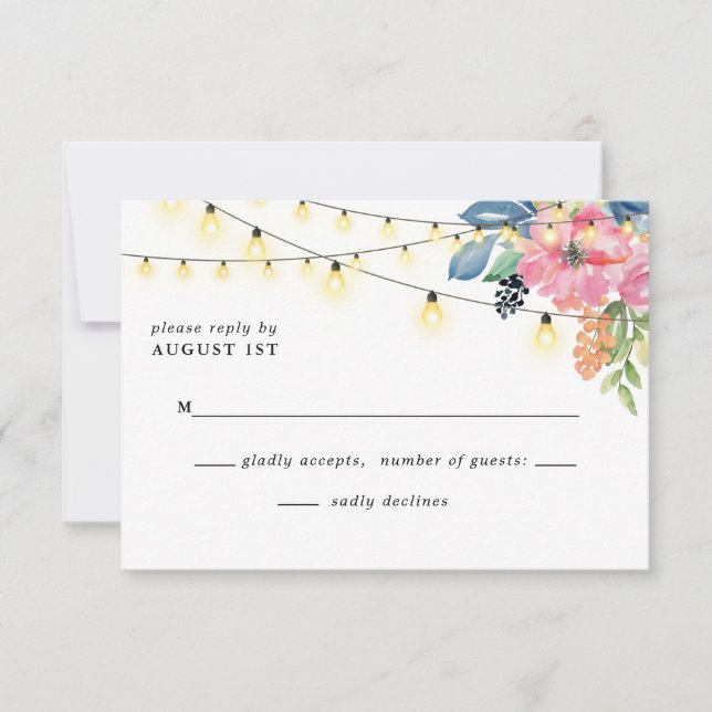 Garden Party Flowers &Twinkle Lights Blue Wedding RSVP Card (Front)