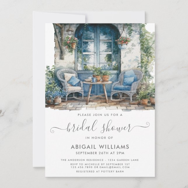 Garden Party Picnic Blue Pink Floral Bridal Shower Invitation (Front)