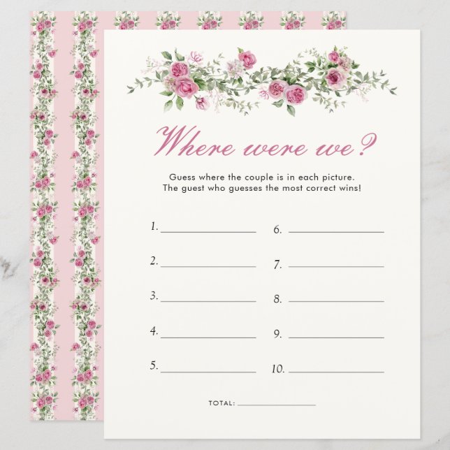 Garden Party Where Were We Pink Bridal Shower Game (Front/Back)