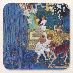 Garden Party with Dog & Cat, Jessie Willcox Smith Square Paper Coaster