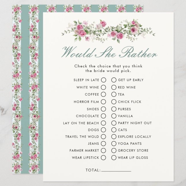 Garden Party Would She Rather Bridal Shower Game (Front/Back)