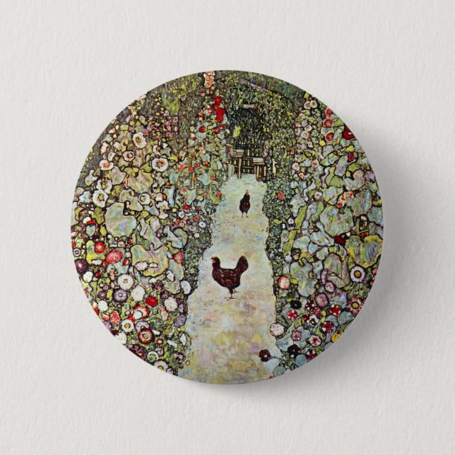 Garden Path w Chickens, Gustav Klimt, Art Nouveau 2 Inch Round Button (Front)
