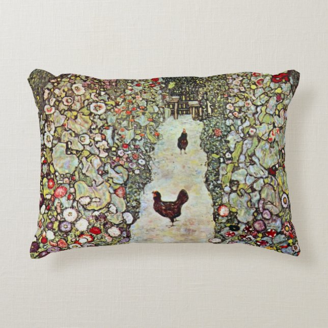Garden Path w Chickens, Gustav Klimt, Art Nouveau Accent Pillow (Front)