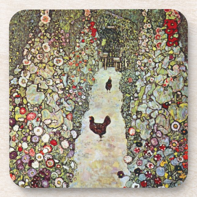 Garden Path w Chickens, Gustav Klimt, Art Nouveau Coaster (Front)