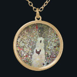 Garden Path w Chickens, Gustav Klimt, Art Nouveau Gold Plated Necklace<br><div class="desc">Garden Path with Chickens (1916) by Gustav Klimt is a vintage Victorian Era Symbolism fine art painting. A nature scene with chickens in the backyard flower garden on a farm. About the artist: Gustav Klimt (1862-1918) was an Austrian Symbolist painter and one of the most prominent members of the Vienna...</div>