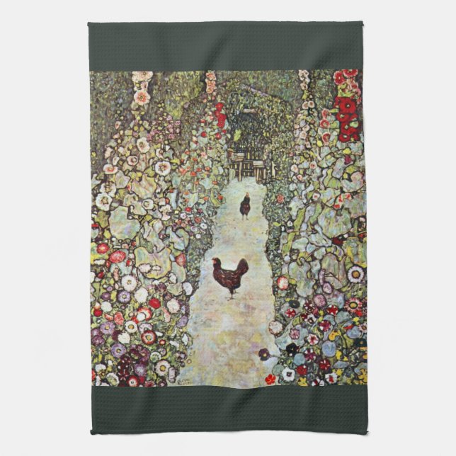 Garden Path w Chickens, Gustav Klimt, Art Nouveau Kitchen Towel (Vertical)