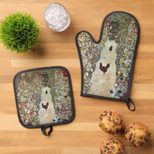 Garden Path w Chickens, Gustav Klimt, Art Nouveau Oven Mitt & Pot Holder Set