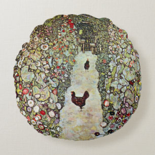 Garden Path w Chickens, Gustav Klimt, Art Nouveau Round Pillow