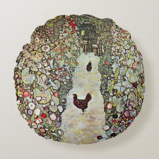 Garden Path w Chickens, Gustav Klimt, Art Nouveau Round Pillow (Front)