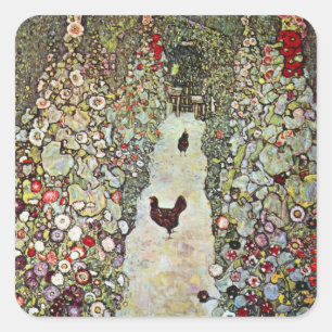 Garden Path w Chickens, Gustav Klimt, Art Nouveau Square Sticker